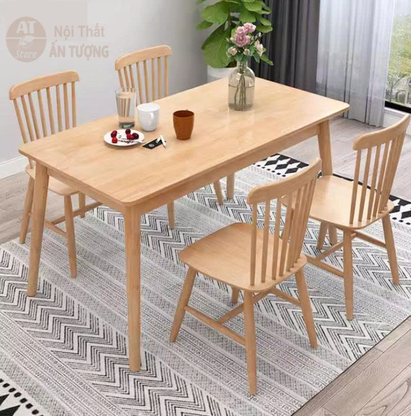 Bàn ghế ăn 4 người gỗ nguyên khối nhỏ gọn sang trọng hiện đại đơn giản AT8935