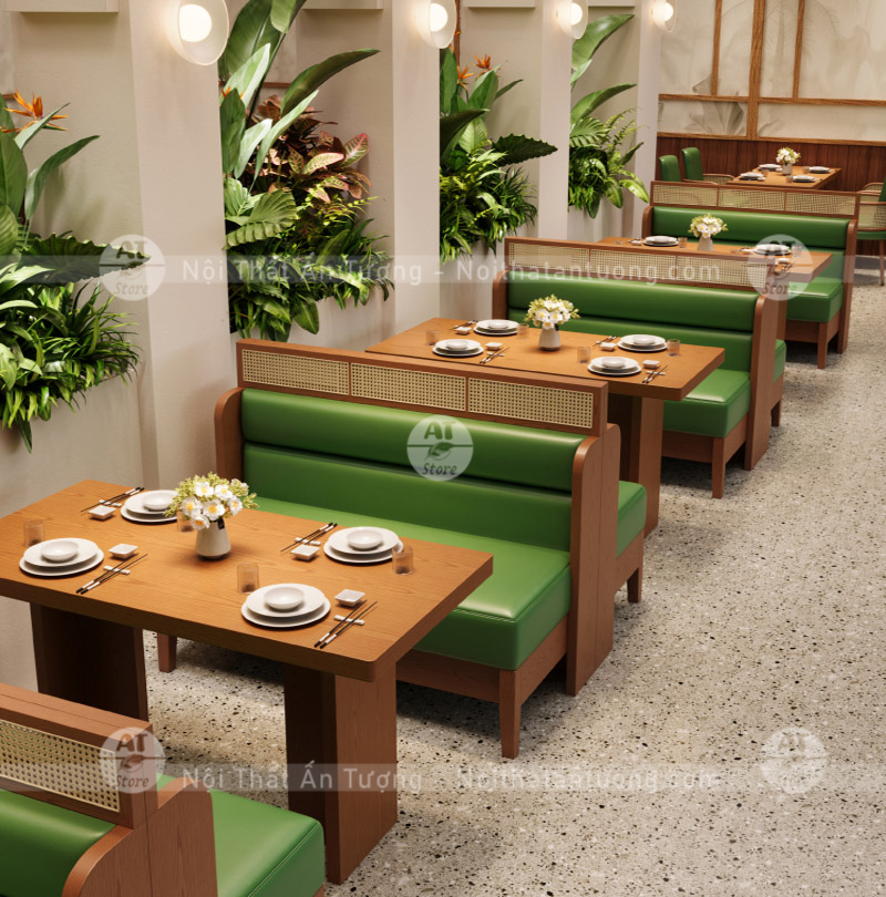 Bàn ghế băng nhà hàng lẩu nướng đồ ăn nhanh chất liệu nệm gỗ AT2137