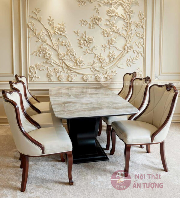 Bộ bàn ăn mặt đá 6 người hình chữ nhật