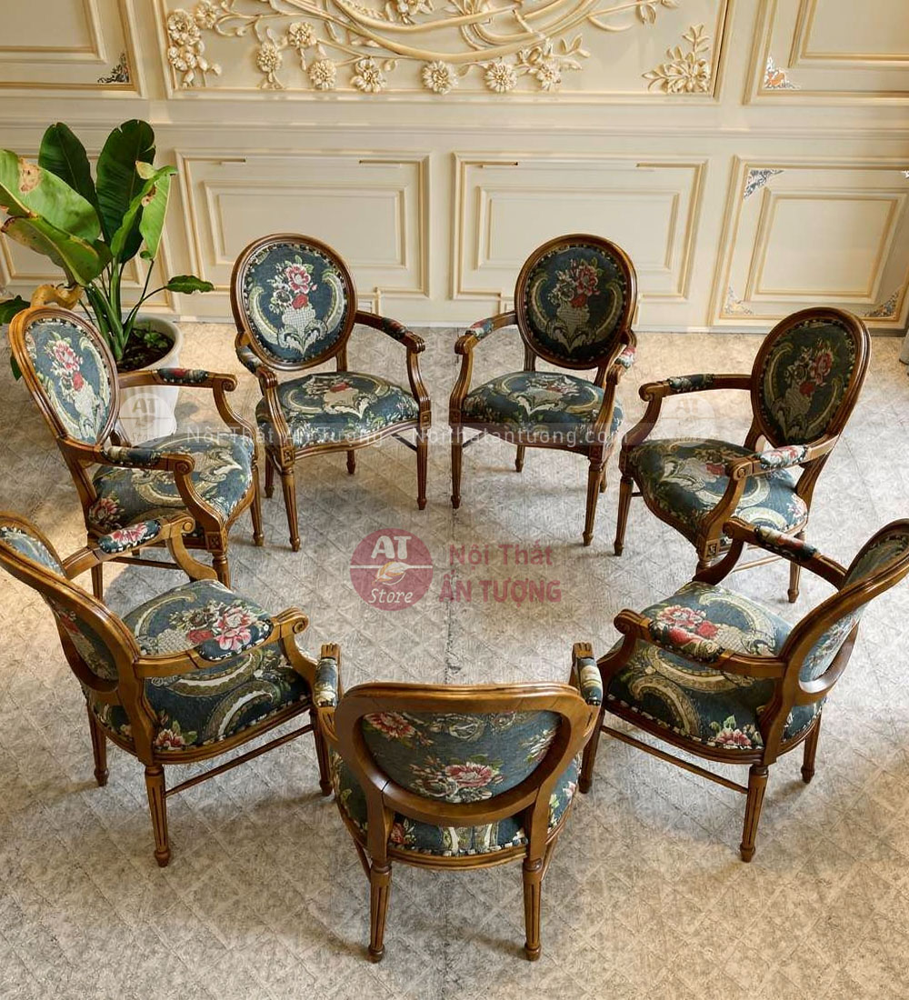 Ghế louis tay vịn bọc vải nỉ hoa văn